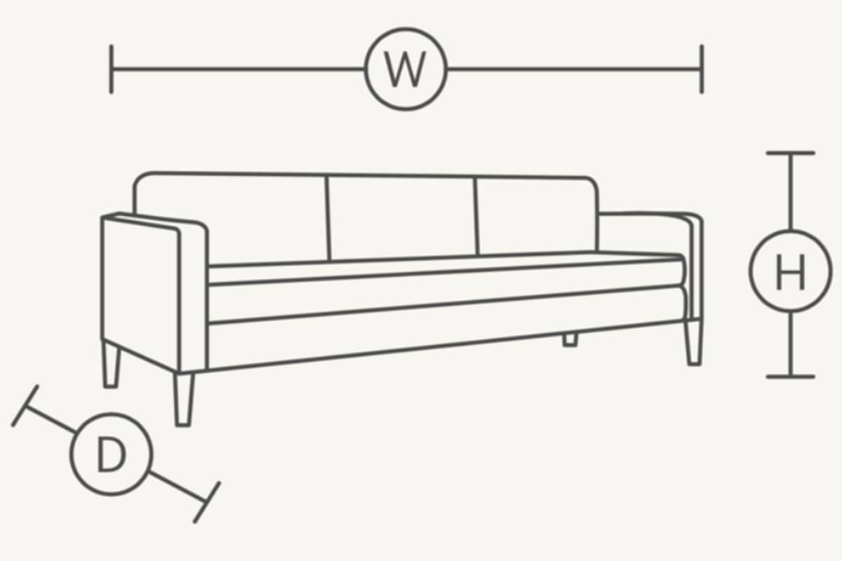 A diagram showing the height, width, and depth of a sofa